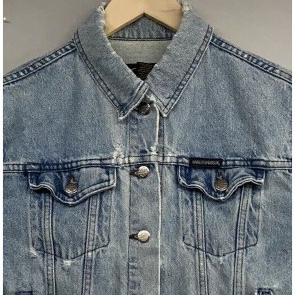 Harley Davidson Denim Jacket Womens L -Distressed-Tear/Rips-Trucker-Moto-Pockets